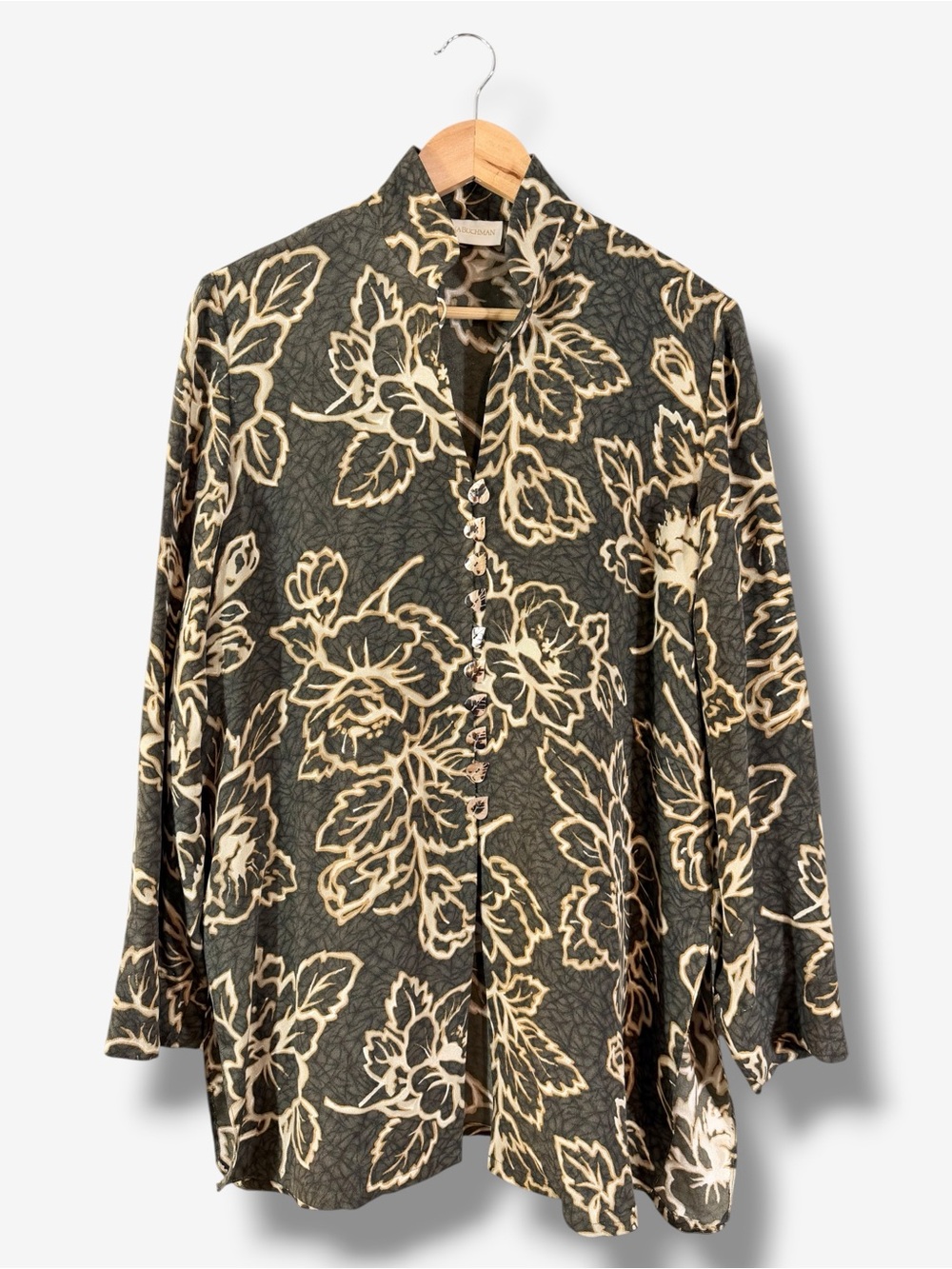 Dana Buchman Silk Tropical Print Tunic Size 8 Green Floral Leaf Button Lagenlook